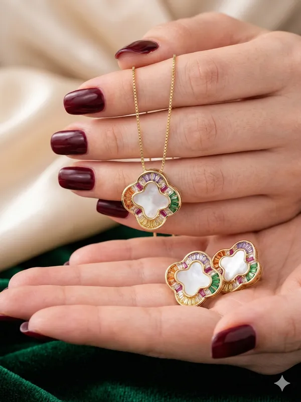 Iris_Radiant_Clover_Set_–_Gold_Plated_Mother-of-Pearl_&_Rainbow_Baguette_Gemstone_Necklace_with_Matching_Stud_Earrings