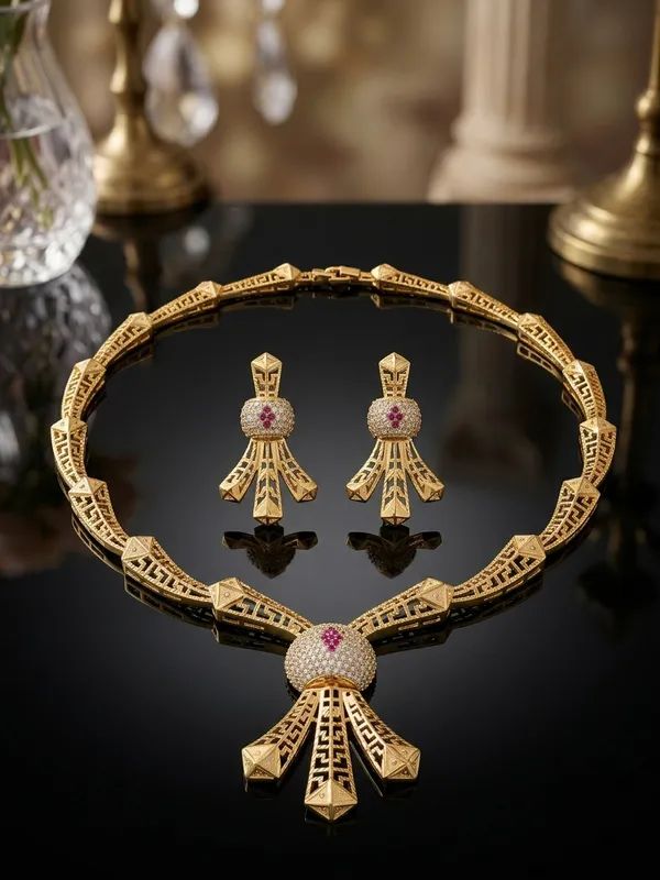 Matte_Gold_Plated_Filigree_Mesh_Choker_Necklace_Set_with_CZ_Stones_&_Pink_Ruby_Motif_|_MAS_JEWELLEES