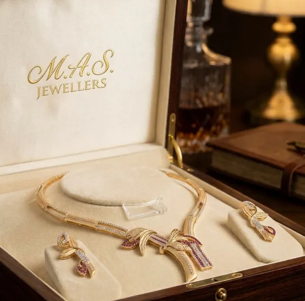 Matte_Gold_Plated_Floral_Leaf_Necklace_Set_with_Pink_Ruby_&_White_American_Diamond_Stones_for_Women_|_MAS_JEWELLERS