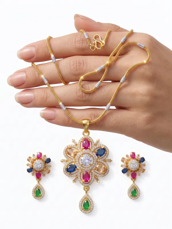 Navratna-Inspired_Multi-Stone_Floral_Pendant_Set_with_Matching_Earrings
