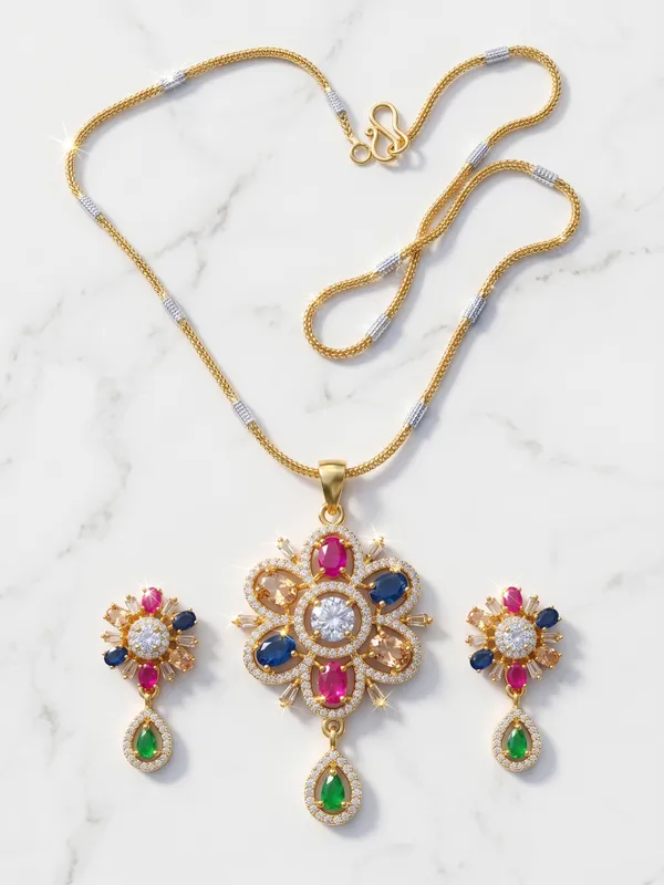 Navratna-Inspired_Multi-Stone_Floral_Pendant_Set_with_Matching_Earrings