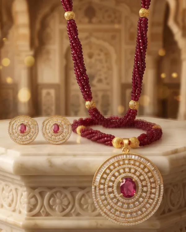 Heritage_Circular_Ruby-Pink_CZ_Statement_Pendant_Set_with_Multi-Strand_Twisted_Onyx/Agate_Mala_&_Matching_Tops