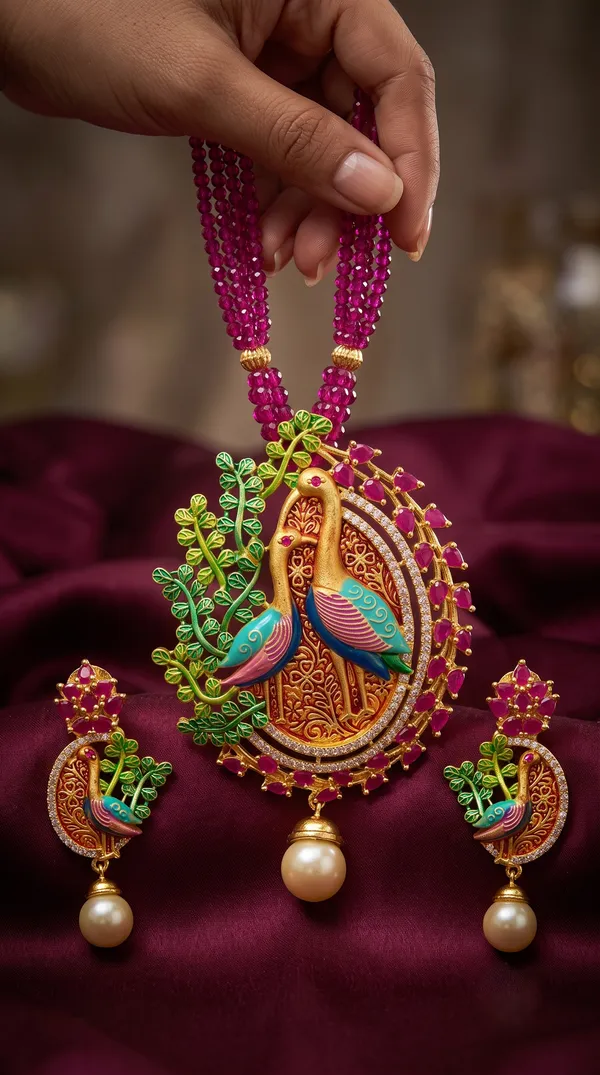 Pink_Ruby_Peacock_Pendant_Mala_Necklace_Set_with_Earrings_|_MAS_JEWELLERS