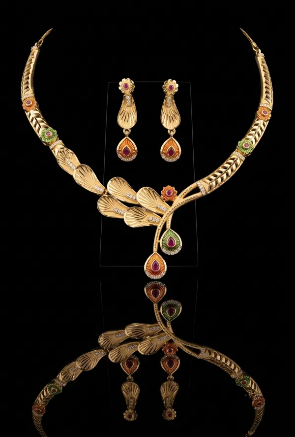 Premium_Gold-Tone_Leaf_Design_Necklace_Set_with_Pink_&_Green_Stones_and_Matching_Earrings_for_Women/Girl's