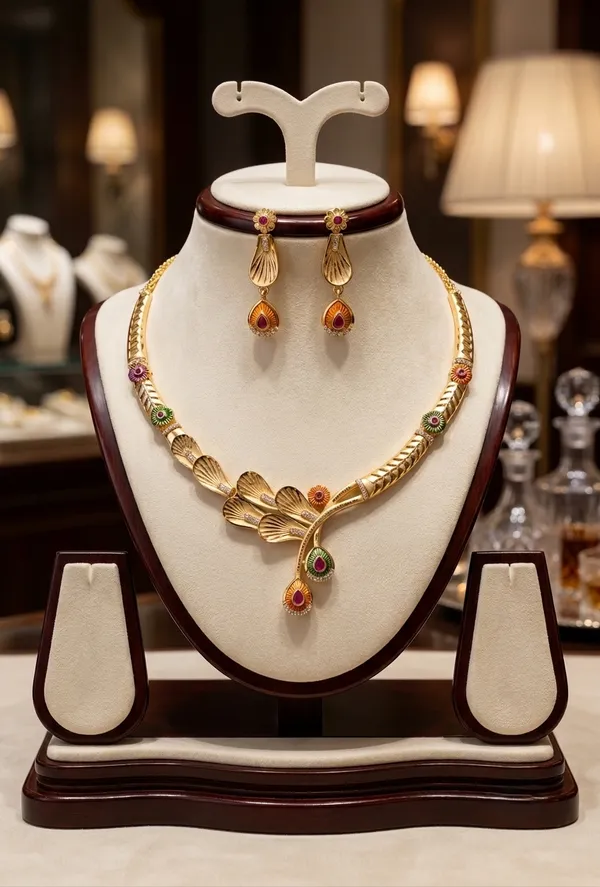 Premium_Gold-Tone_Leaf_Design_Necklace_Set_with_Pink_&_Green_Stones_and_Matching_Earrings_for_Women/Girl's