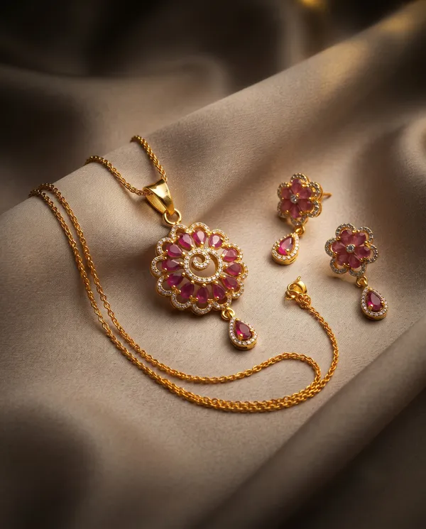 Premium_Ruby_Floral_American_Diamond_Pendant_Set_with_Matching_Earrings_|_Gold-Plated_Designer_Jewellery