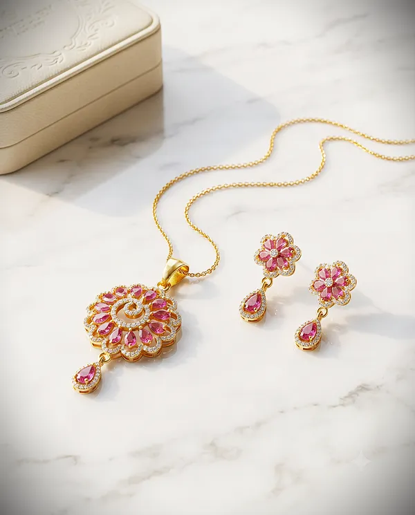Premium_Ruby_Floral_American_Diamond_Pendant_Set_with_Matching_Earrings_|_Gold-Plated_Designer_Jewellery