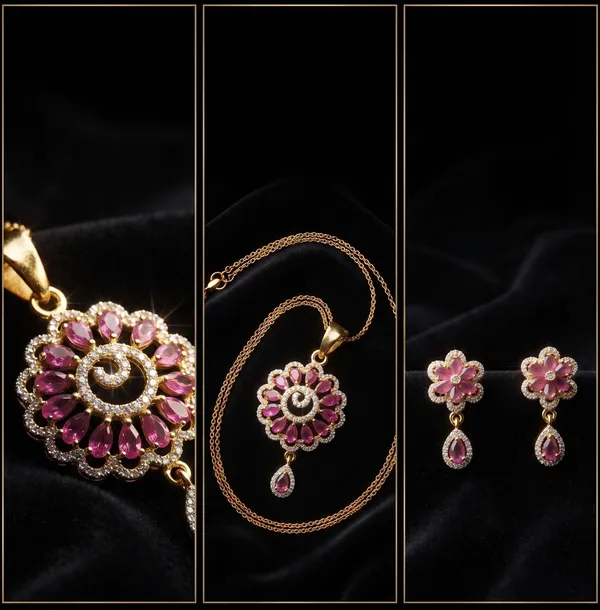 Premium_Ruby_Floral_American_Diamond_Pendant_Set_with_Matching_Earrings_|_Gold-Plated_Designer_Jewellery