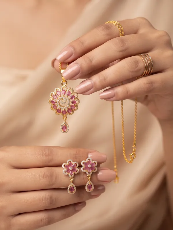 Premium_Ruby_Floral_American_Diamond_Pendant_Set_with_Matching_Earrings_|_Gold-Plated_Designer_Jewellery