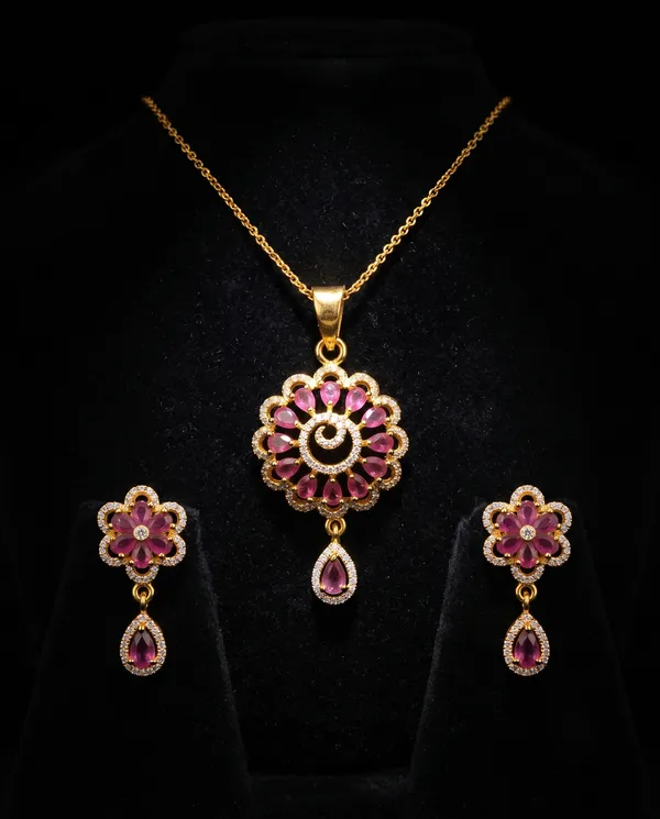 Premium_Ruby_Floral_American_Diamond_Pendant_Set_with_Matching_Earrings_|_Gold-Plated_Designer_Jewellery