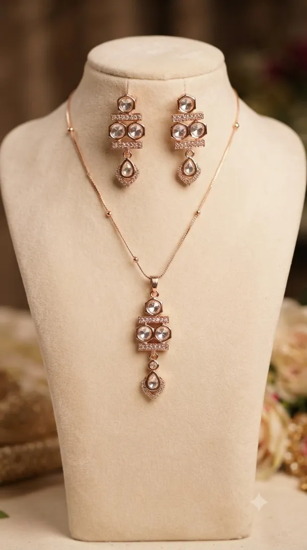Rosé_Royale_Rose_Gold_Kundan_American_Diamond_Pendant_Set_with_Chain_&_Earrings_|_Designer_Jewelry_for_Women