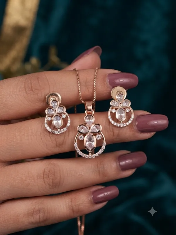 Rose_Aura_Bloom_American_Diamond_Rose_Gold_Pendant_Set_with_Chain_&_Earrings_|_Floral_CZ_Designer_Jewelry_for_Girls_/_Women