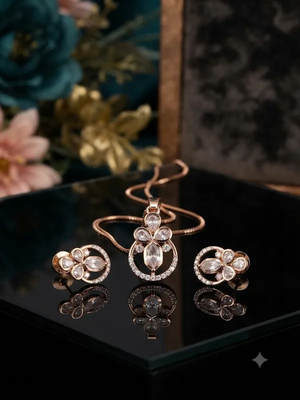 Rose_Aura_Bloom_American_Diamond_Rose_Gold_Pendant_Set_with_Chain_&_Earrings_|_Floral_CZ_Designer_Jewelry_for_Girls_/_Women