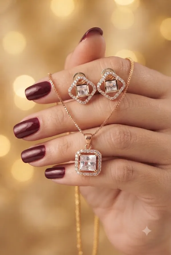Aurora_Prism_Rose_Gold_Floral_Original_Mossionite_CZ_Designer_Jewellry_Pendant_Set_with_Chain_&_Earrings
