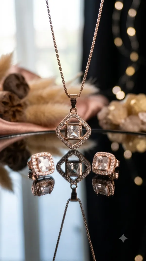 Aurora_Prism_Rose_Gold_Floral_Original_Mossionite_CZ_Designer_Jewellry_Pendant_Set_with_Chain_&_Earrings