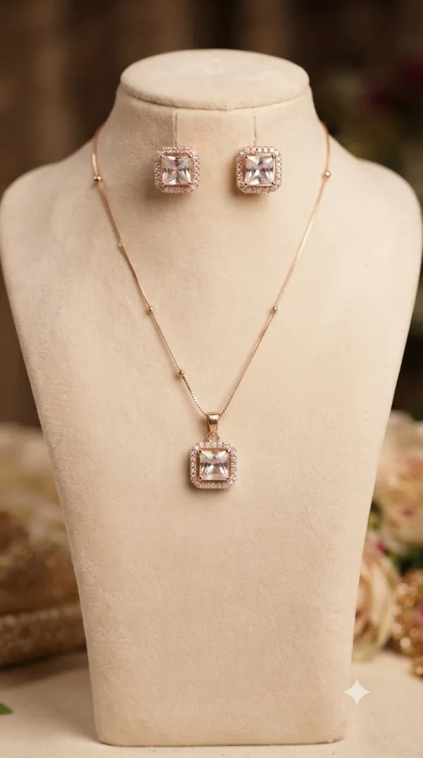 Aurora_Prism_Rose_Gold_Floral_Original_Mossionite_CZ_Designer_Jewellry_Pendant_Set_with_Chain_&_Earrings