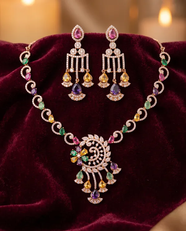 Rose_Gold_Plated_Multicolor_Cubic_Zirconia_AD_Stone_Choker_Necklace_Set_with_Earrings_for_Women_&_Girls_|_Partywear_/_Wedding_Jewellery_Set