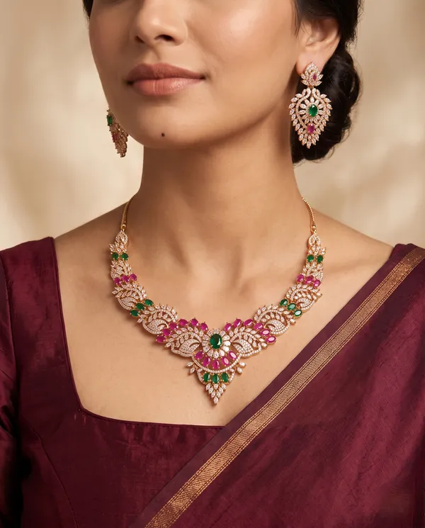 Rose_Gold_Plated_Multicolor_Cubic_Zirconia_AD_Stone_Choker_Necklace_Set_with_Earrings_for_Women_&_Girls_|_Partywear_/_Wedding_Jewellery_Set