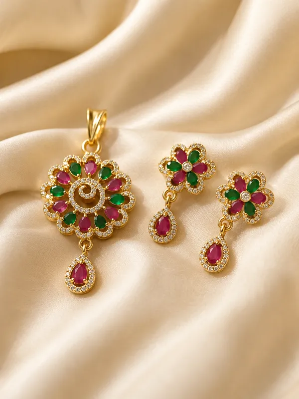 Royal_Ruby_&_Emerald_Green_Floral_Pendant_Set_with_Matching_Earrings