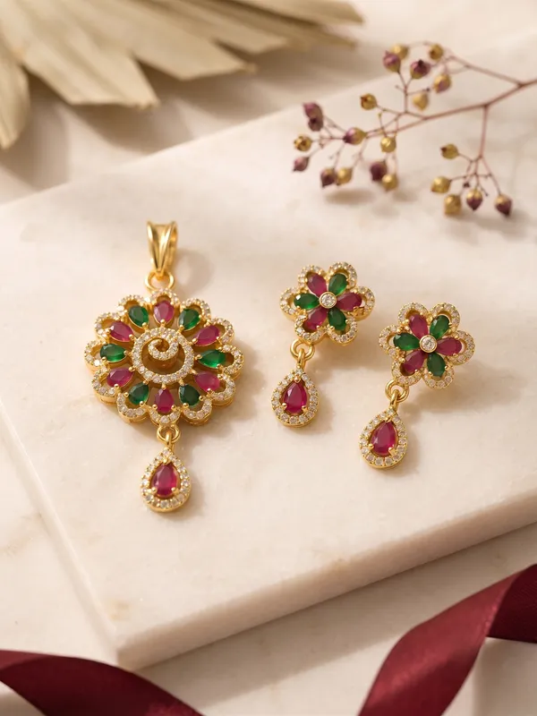Royal_Ruby_&_Emerald_Green_Floral_Pendant_Set_with_Matching_Earrings
