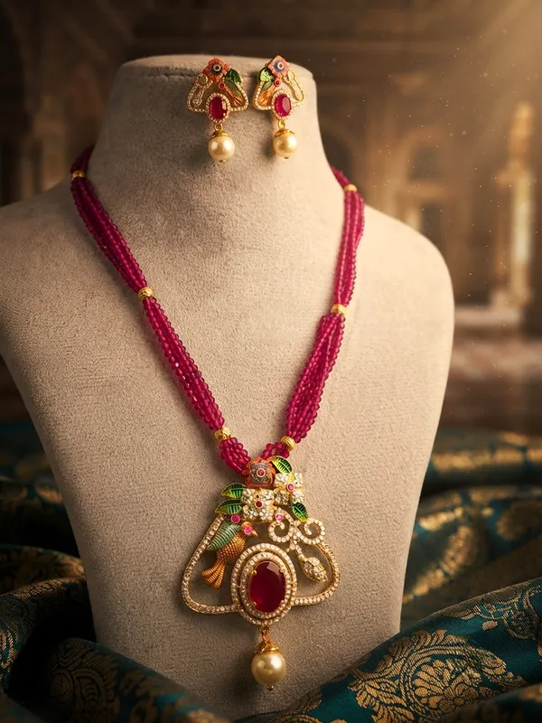 Ruby_Pink_Multi-Strand_Bead_Mala_Necklace_Set_with_Hand-Painted_Meenakari_Bird_Pendant_and_Matching_Earrings_|_MAS_Jewellers