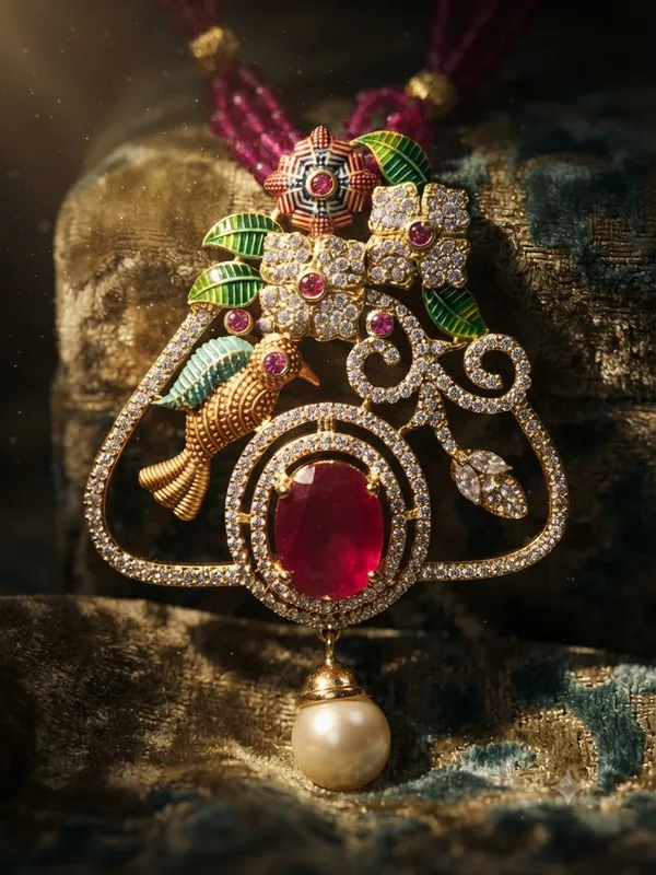 Ruby_Pink_Multi-Strand_Bead_Mala_Necklace_Set_with_Hand-Painted_Meenakari_Bird_Pendant_and_Matching_Earrings_|_MAS_Jewellers