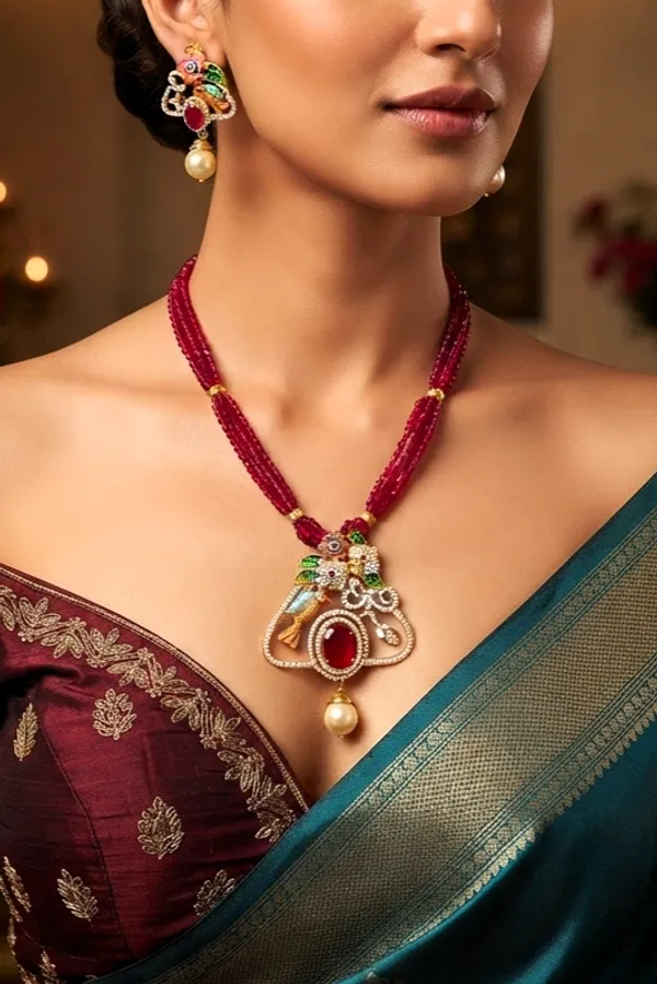 Ruby_Pink_Multi-Strand_Bead_Mala_Necklace_Set_with_Hand-Painted_Meenakari_Bird_Pendant_and_Matching_Earrings_|_MAS_Jewellers