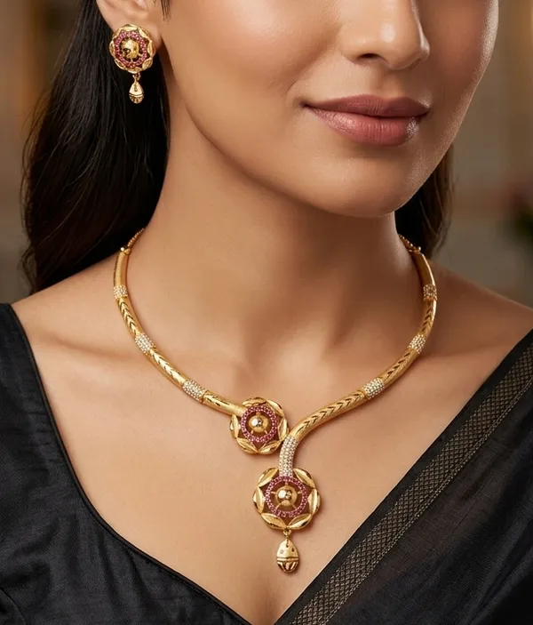 Sculptural_Matte_Gold_Necklace_Set_with_Floral_Halo_Motifs_&_Ruby_Accents_|_MAS_JEWELLERS
