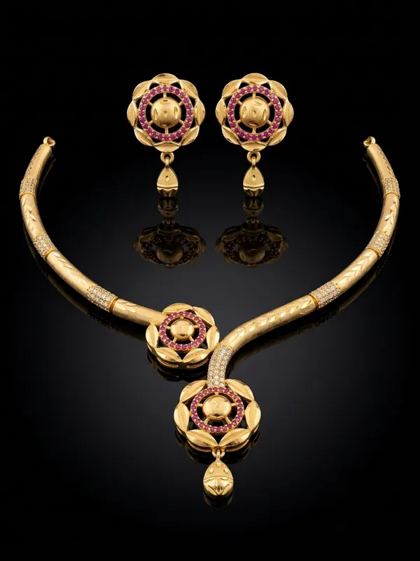 Sculptural_Matte_Gold_Necklace_Set_with_Floral_Halo_Motifs_&_Ruby_Accents_|_MAS_JEWELLERS