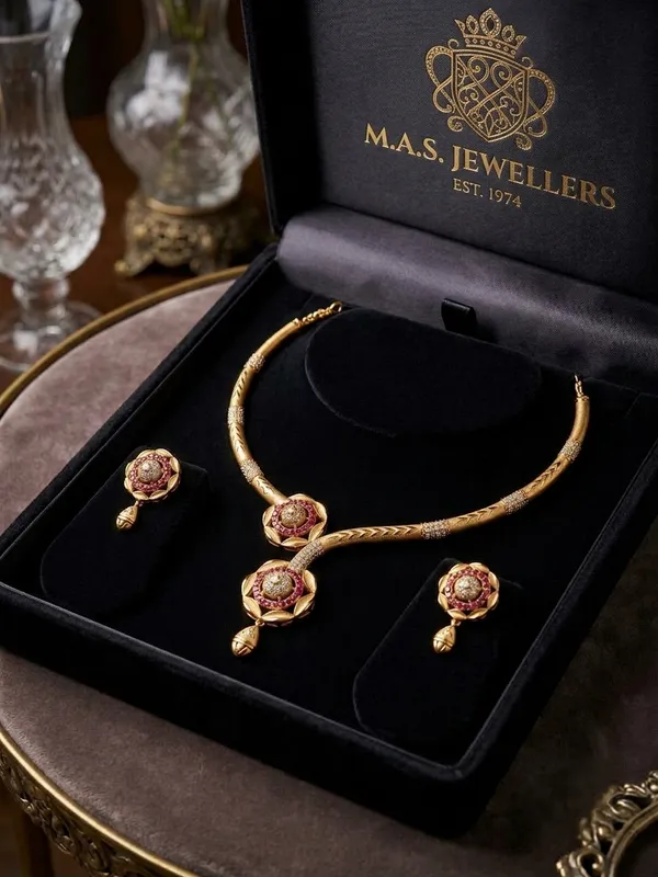 Sculptural_Matte_Gold_Necklace_Set_with_Floral_Halo_Motifs_&_Ruby_Accents_|_MAS_JEWELLERS