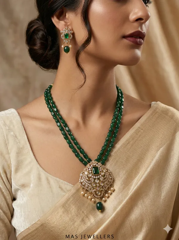 Royal_Emerald-Green_Beaded_Kundan-Style_Necklace_&_Earring_Set_(South_indian_style)