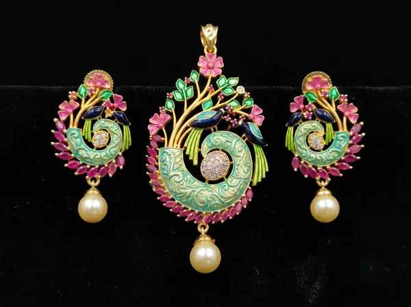 Turquoise_Pink_Floral_Pendant_Set_with_Earrings_|_MAS_JEWELLERS