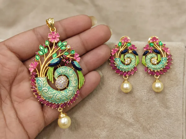 Turquoise_Pink_Floral_Pendant_Set_with_Earrings_|_MAS_JEWELLERS