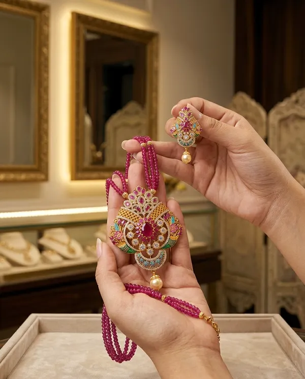 Traditional_Ruby_Pink_Multi-Strand_Beaded_Long_Haram_Set_with_Statement_Pendant_&_Matching_Earring