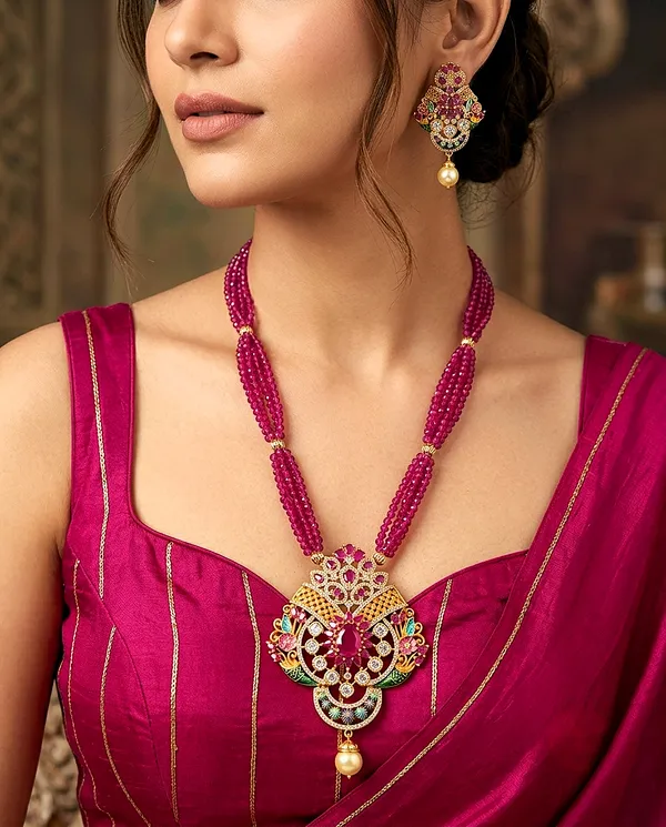 Traditional_Ruby_Pink_Multi-Strand_Beaded_Long_Haram_Set_with_Statement_Pendant_&_Matching_Earring
