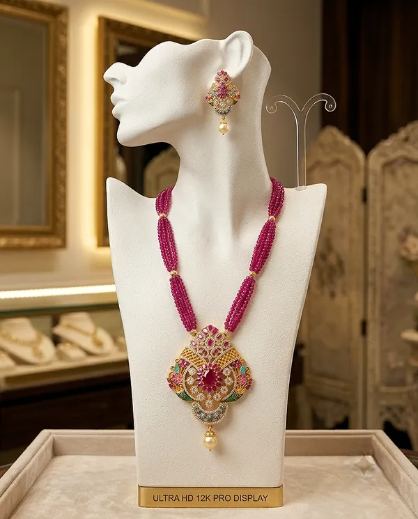 Traditional_Ruby_Pink_Multi-Strand_Beaded_Long_Haram_Set_with_Statement_Pendant_&_Matching_Earring