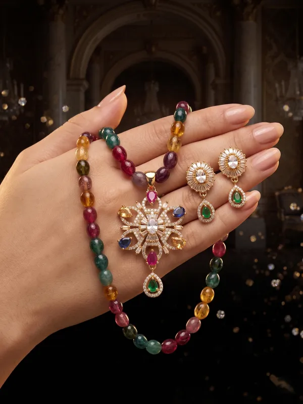 Navratna-Inspired_Multi-Color_Bead_Necklace_Set_with_American_Diamond_Snowflake_Pendant
