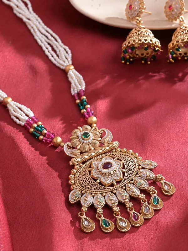 Multicolor_Copper_Brass_Beads_Meenakari_Necklace_With_1_Pair_Of_Jhumkas_For_Women