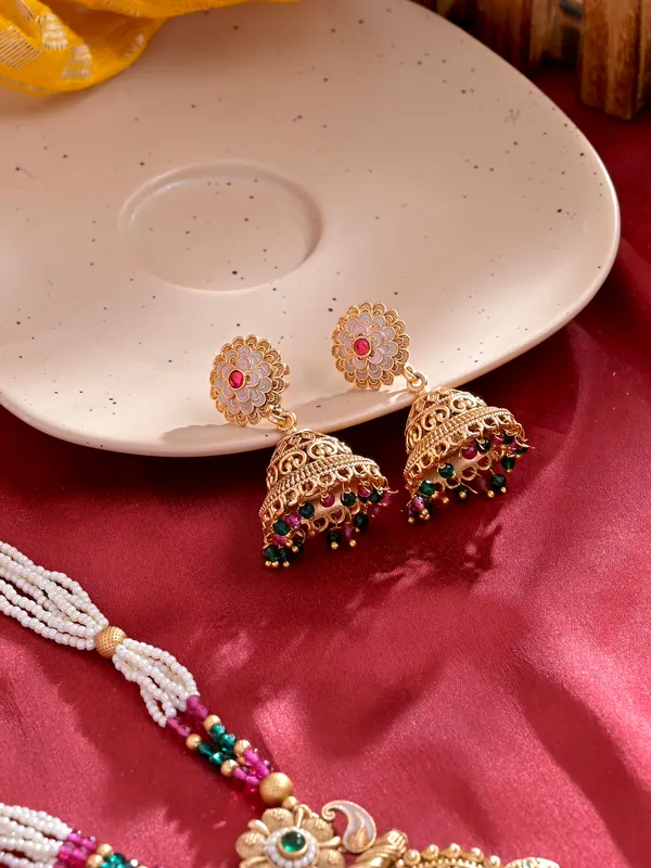 Multicolor_Copper_Brass_Beads_Meenakari_Necklace_With_1_Pair_Of_Jhumkas_For_Women