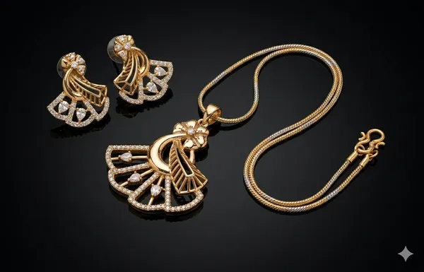 Two-Tone_Lattice-Work_/_Woven_Pattern_Diamond-Look_Pendant_Set_with_exclusive_2_toned_chain