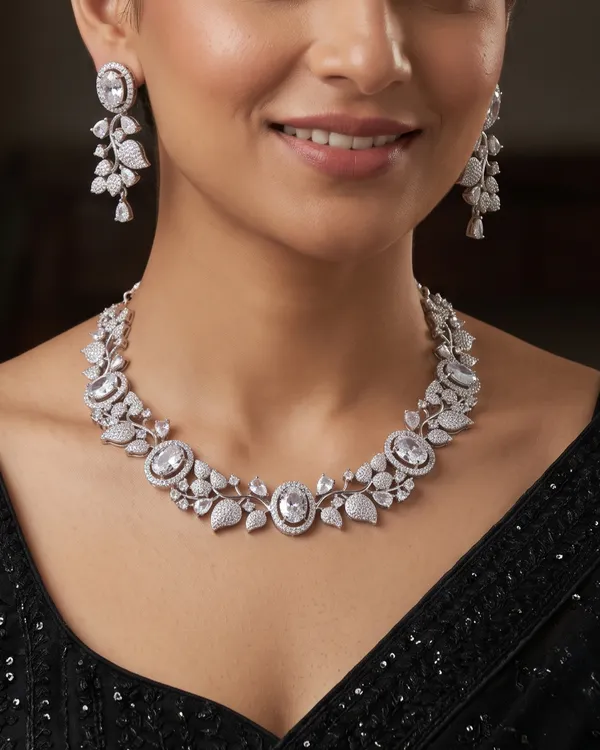 White_Transparent_Doublet_American_Diamond_Highly_Trendy_Nature_inspiring_pattern_Necklace_with_Earring_Set_for_Women