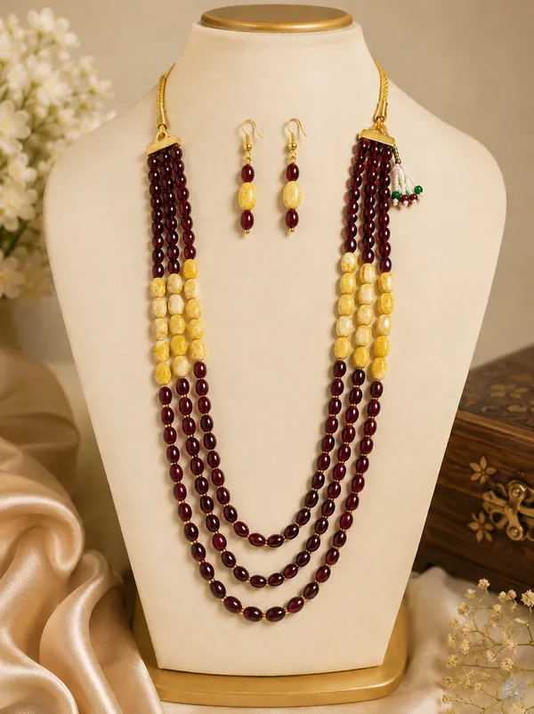 multi-strand_beaded_necklace_(Mala)_and_matching_earring_set_featuring_a_classic_color-blocked_design