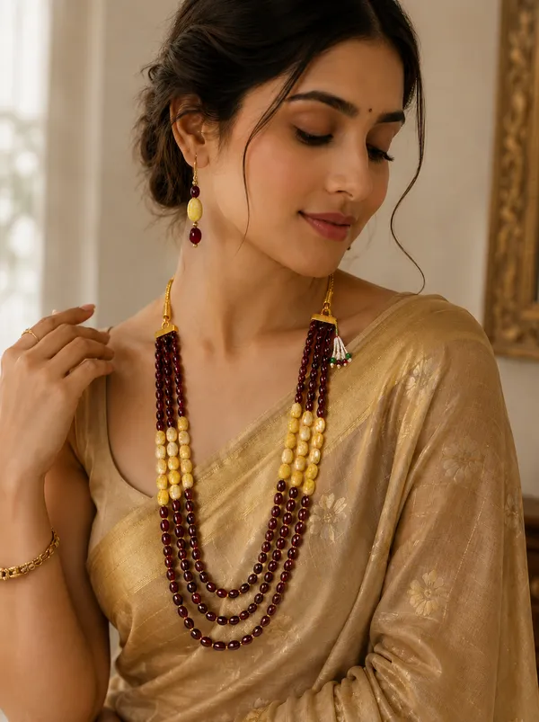 multi-strand_beaded_necklace_(Mala)_and_matching_earring_set_featuring_a_classic_color-blocked_design