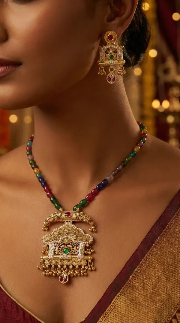 Multicolor_temple_pattern_Copper_Brass_Beads_Meenakari_Necklace_With_1_Pair_Of_earings_For_Women