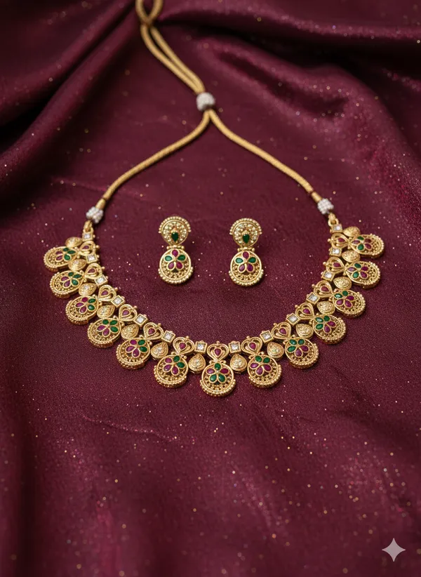 Antique_Gold_Finish_Kemp_Stone_Floral_Choker_Necklace_with_Earring_Set