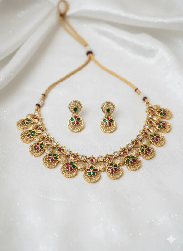 Antique_Gold_Finish_Kemp_Stone_Floral_Choker_Necklace_with_Earring_Set