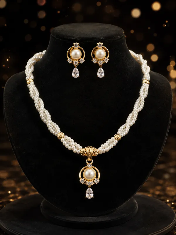 Premium_White_Pearl_Beaded_Necklace_with_CZ_Pendant_&_Matching_Earrings_