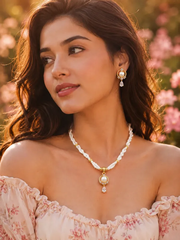 Premium_White_Pearl_Beaded_Necklace_with_CZ_Pendant_&_Matching_Earrings_