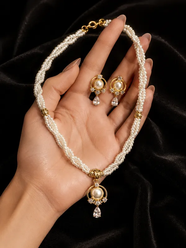 Premium_White_Pearl_Beaded_Necklace_with_CZ_Pendant_&_Matching_Earrings_