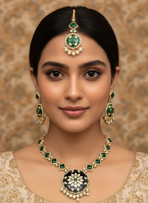 Green_Kundan_Adjustable_Long_Necklace_with_Earrings_and_Maang_Tikka